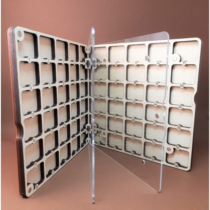 060155к Дерев'яний органайзер для бісеру Книжка на 60 комірок Темний матовий, з двома акриловими кришками всередині, кожна комірка пронумерована