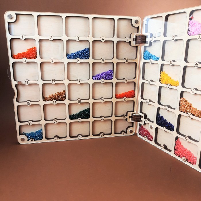 060153к Дерев'яний органайзер для бісеру Книжка на 60 комірок Темний матовий, з двома акриловими кришками всередині, кожна комірка пронумерована