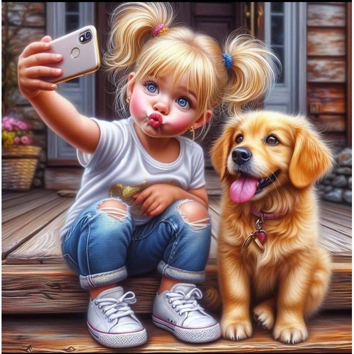 Алмазна мозаїка ColorArt 40x40 "Дівчинка з собачкою" + голограмні алмазики FS1408