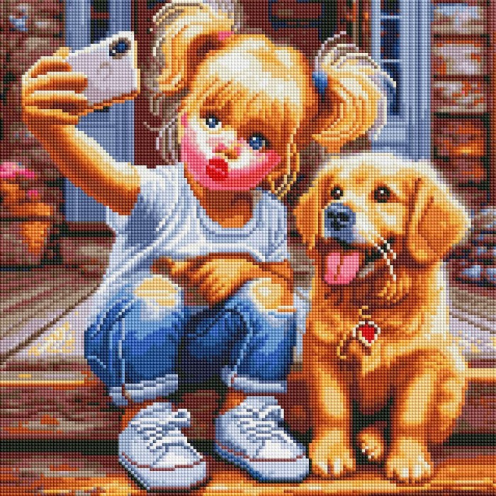 Алмазна мозаїка ColorArt 40x40 "Дівчинка з собачкою" + голограмні алмазики FS1408