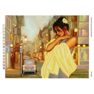 БС-3166 Дівчина у жовтому на тлі міста. Схема для вишивки бісером