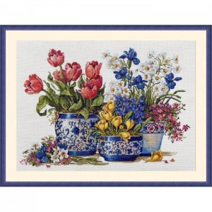 К-195 Весняний сад в синьому. Мережка. Набір для вишивки хрестиком на Aida 16