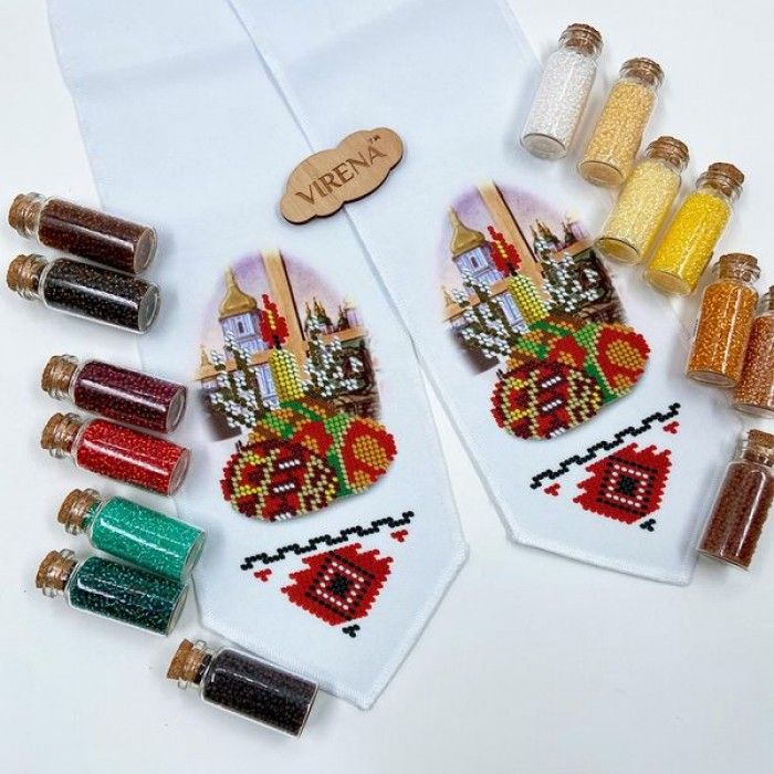 Бант на кошик з церквою, писанками та свічкою для вишивки бісером (БК-082)