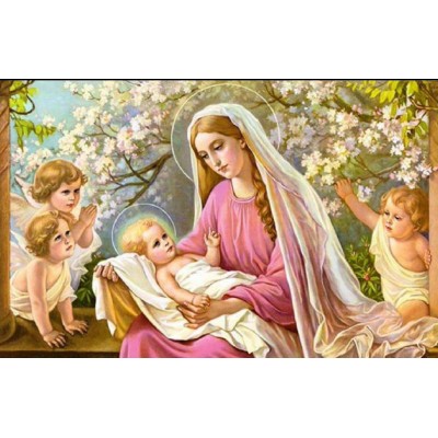 Алмазна мозаїка ColorArt 40x60 "Діва Марія з Ісусом в яблуневому саду" + голограмні алмазики SV1502