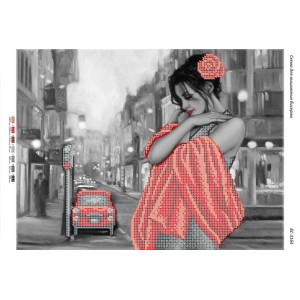 БС-3164 Дівчина у червоному на тлі міста. Схема для вишивки бісером