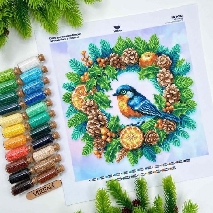 КВ-3002 Квадрат "Зимовий вінок з пташкою". Схема для вишивки бісером