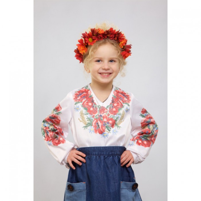 Заготовка дитячої вишиванки на 1-3 років "Червоні маки, ромашки, колоски" для вишивки бісером (БД012кБ28нн)