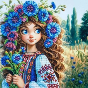 КВ-3009 Квадрат "Дівчинка з волошками". Схема для вишивки бісером