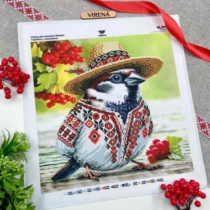 Квадрат "Горобець в вишиванці" КВ 3008 (КВ-3008_Бісер)