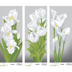 Схема картини Триптих "Сіро-зелені іриси, тюльпани, кали" для вишивки бісером на габардині ТК-036